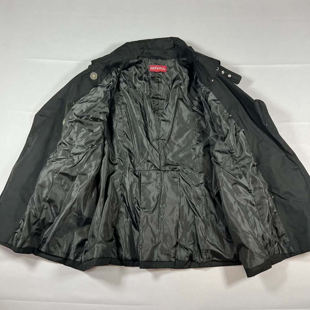 Merona Trench Coat Womens 1 Black Cotton Double Breasted Belted Waist Minimalist - Picture 9 of 12